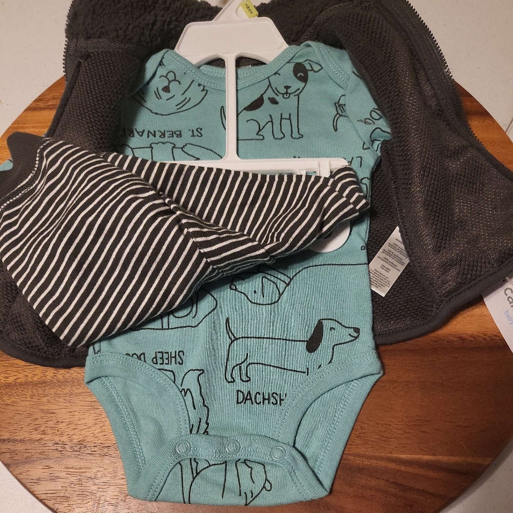 Brand New NWT Carter's Baby Full Outfit Dog Onesie Stripe Leggings Fuzzy  Vest - Picture 3 of 5